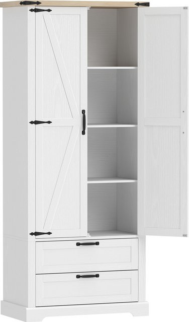 Aosom Hochschrank Küchenschrank in Weiß mit 2 Türen, 2 Schubladen und höhenverstellbaren Einlegeböden, rustikaler Vitrinenschrank für Küche, Wohnzimmer oder Esszimmer, B: 76 cm, T: 40 cm, H: 180 cm - Bild 1