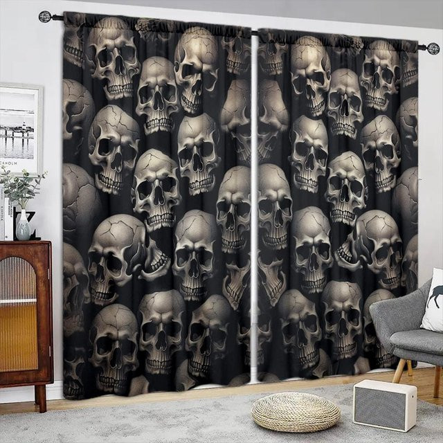 2er-Set Vorhang mit Totenkopf-Aufdruck von Household supplies MH, Schwarz, halbtransparent, B: 75 cm, H: 165 cm - Bild 1