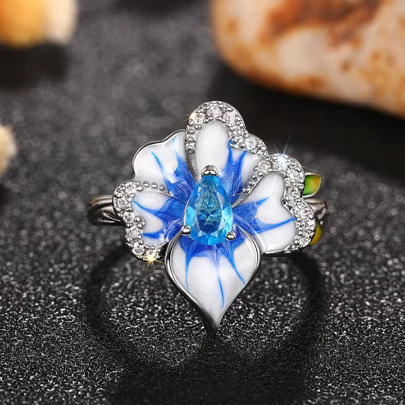 Huitan Ring, blaue Blume, Silber, Zirkonia, Damen - Bild 3