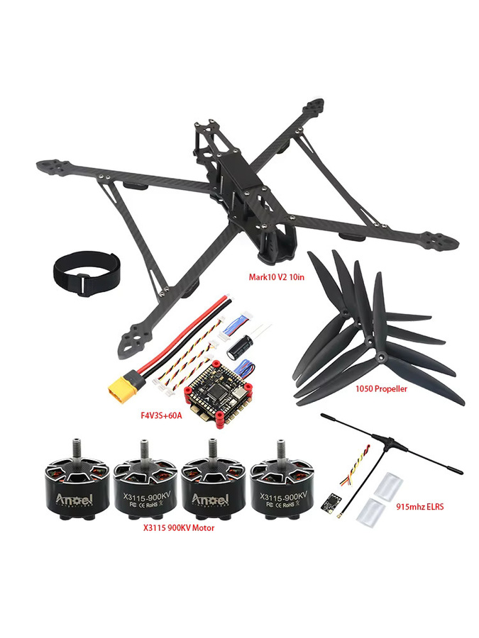 Hot RC FPV-Drohnen-Kit mit Mark4 V2 10-Zoll-Rahmen, X3115 900KV-Motoren, 1050 3-Blattpropellern und F4V3S PLUS 60A Stack in Schwarz - Bild 2