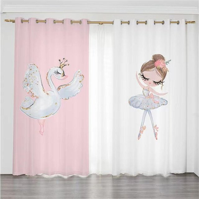 Yiran Furniture Vorhang Set mit Ballett Tanzendes Mädchen Motiv in Rosa, 2 Stück, halbtransparent mit Ösen, Breite: 50 cm, Höhe: 130 cm - Bild 1
