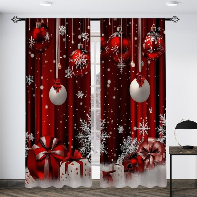 2er Set Weihnachtsglocken Vorhänge aus Polyester in Rot mit modernem Grafik-Design, halbtransparent, Breite: 100 cm, Höhe: 130 cm - Bild 1