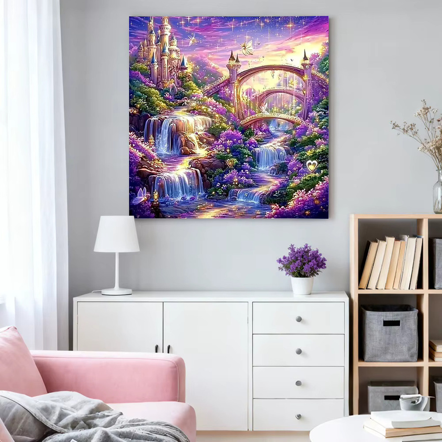 HUACAN Diamantmalerei Landschaft mit Schloss, Wasserfall und Brücke, Rundes Mosaik-Set, Mehrfarbig, Durchmesser: 20 cm - Bild 3