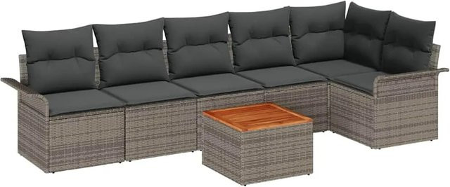 vidaXL 7-teiliges Garten-Sofa-Set aus Poly Rattan und Akazie in Grau mit Kissen und Stauraum - Bild 1