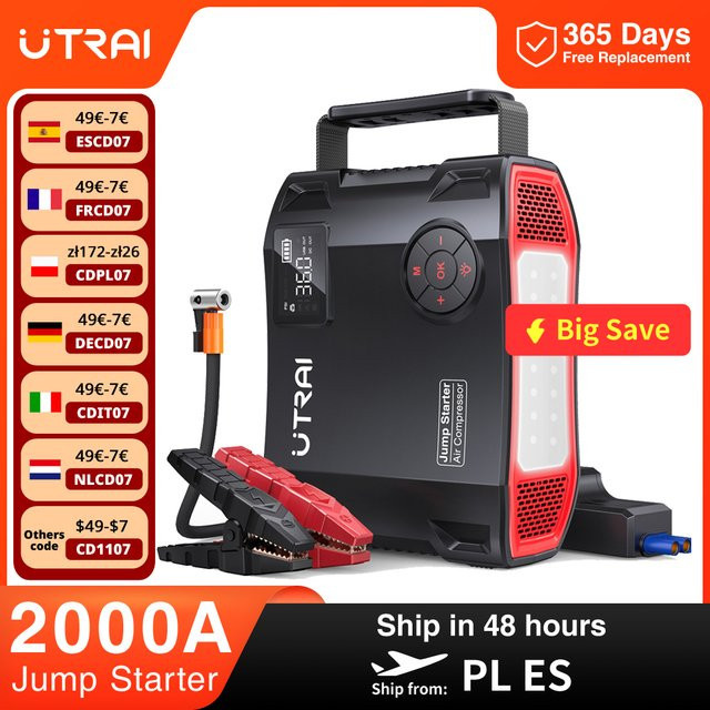 UTRAI 4 in 1 Starthilfe Power Bank mit 2000A Auto Booster, 16000 mAh Akku und 150 PSI Luftkompressor Reifenpumpe in Schwarz - Bild 1