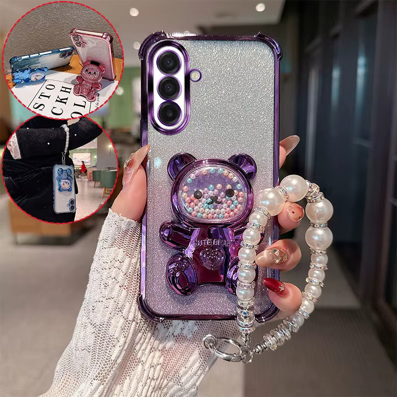 Stoßfeste Samsung Galaxy A57 A37 A27 5G Handyhülle mit Bären-Cartoon-Design, Glitzer-Optik und Perlen-Lanyard-Riemen in Pink - Bild 3