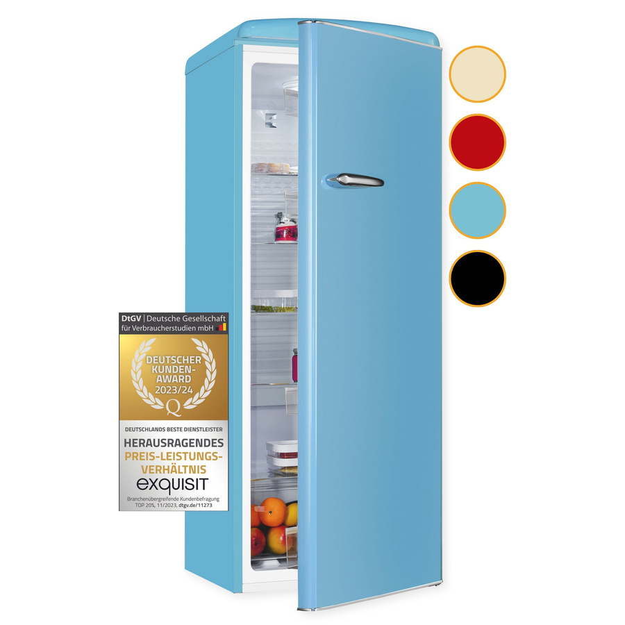 Exquisit Retro Vollraumkühlschrank RKS325-V-H-160E in Taubenblau mit LED-Innenbeleuchtung und Flaschenregal - Bild 1