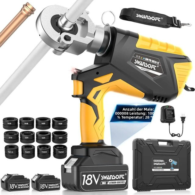 SWANSOFT 18V Akku-Rohrpresswerkzeug-Set in Schwarz mit 12 Pressköpfen für V/U/TH-Profile zur Verarbeitung von Kupfer und Edelstahl - Bild 1