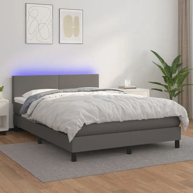 Vidaxl Kontinentalbett mit Matratze und LED in Grau aus Kunstleder, B/T/H: 140 x 200 cm - Bild 1