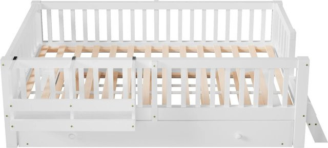 Merax Plattformbett als Tagesbett für Kinderzimmer mit Schutzgitter und Schubladen, Weiß, B/T/H: 205 x 90 x 95 cm - Bild 1