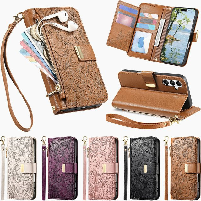 Blumenmuster Handyhülle aus PU-Leder für Samsung Galaxy S25 Plus, S24, S23 Ultra, S22 und S25 Plus als Flipcase-Geldbörse mit Kartenfach, Reißverschluss und Lanyard in Schwarz - Bild 1
