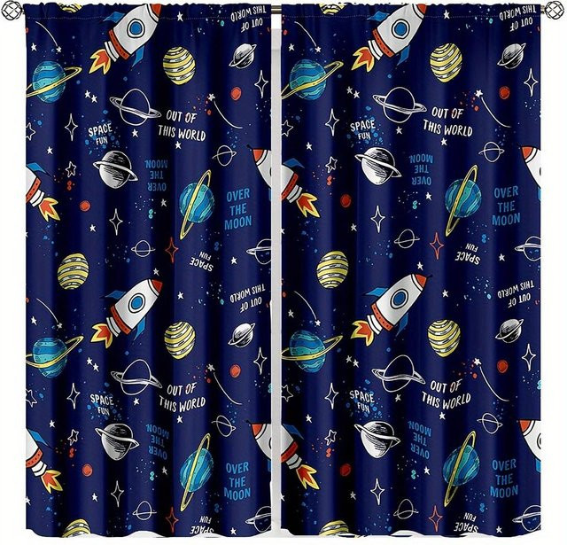 2er-Set Weltraum Vorhänge mit Galaxie, Raketen und Astronauten Motiv in Blau, B: 210 cm, H: 230 cm - Bild 1
