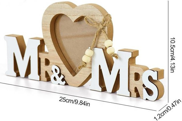 Herzförmiges Holz-Fotorahmen Ornament Mr & Mrs für Hochzeit und Tischdekoration, Beige - Bild 1