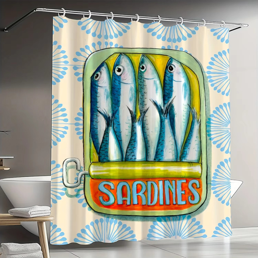 VIKAMA Duschvorhang mit Aquarell-Sardinen-Dosen-Motiv im Retro-Stil, wasserdicht und schimmelresistent, Polyester, Breite: 180 cm, Höhe: 180 cm - Bild 2