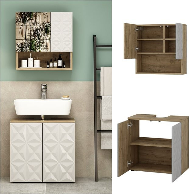 Vicco Badmöbel-Set Edge in Weiß und Eiche bestehend aus Spiegelschrank, Waschbeckenunterschrank und Badezimmerkommode - Bild 1