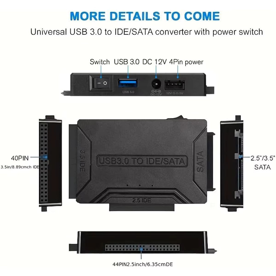 Congdi SATA zu USB 3.0 Adapter mit 12V 2A Netzteil für 2,5 und 3,5 Zoll SSD und HDD Festplatten, Schwarz - Bild 4