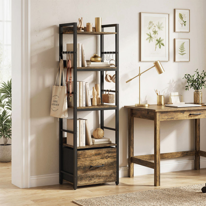 HOMCOM Bücherregal mit 4 Ebenen, schmales Aufbewahrungsregal mit Schublade und 8 Haken, Metallrahmen und MDF, modern, Farbe: Rustikabraun, B/T/H: 39 x 26 x 136,5 cm - Bild 2