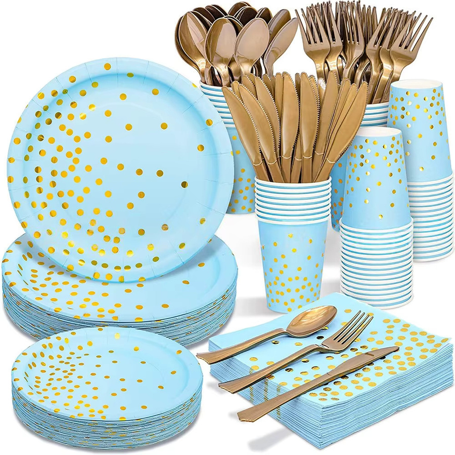 Potdemiel Party-Dekorationsset mit Servietten, Tellern, Bechern und Tischdecke in Pink, Blau, Schwarz, Weiß und Gold mit Punktmuster - Bild 3