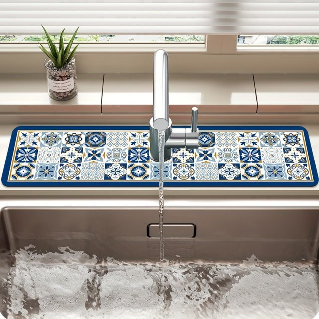 VIKAMA Mehrteilige Steinfliesen-Spülbeckenmatte aus Stein, Saugfähige und Schnelltrocknende Badezimmer-Waschtischmatte in geometrischem Design - Bild 1