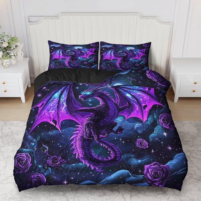 Bettwäsche-Set mit 3D-Druck Kosmischer Monddrache und Sternenhimmel in Lila und Blau, bestehend aus Bettbezug und Kissenbezug, B/H: 135 x 200 cm - Bild 1
