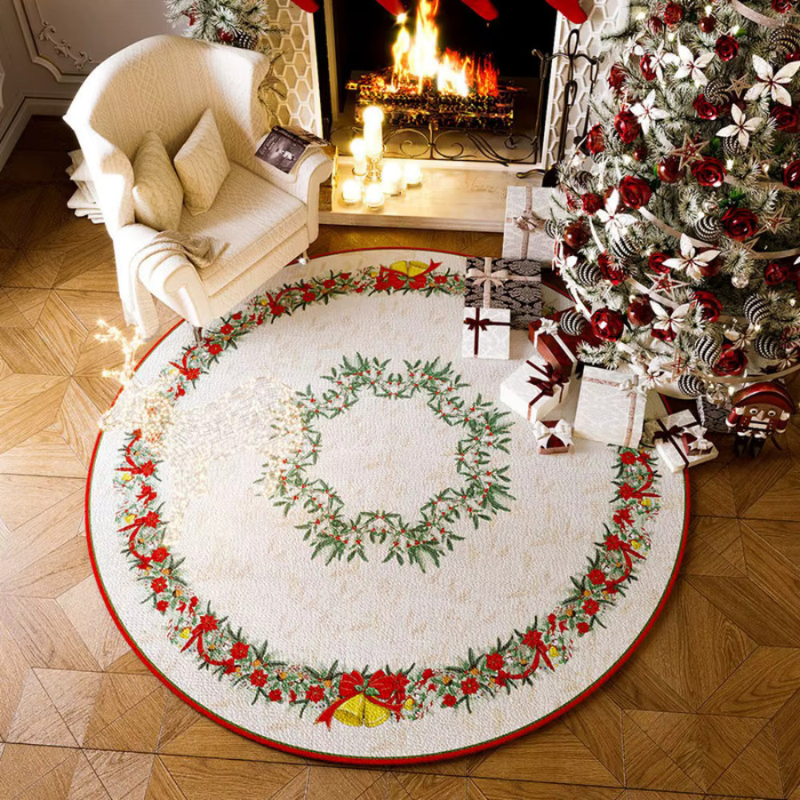 VIKAMA Weihnachtsteppich rund mit floralem Büffeldruck, rutschfest und schmutzabweisend, Bodenmatte für Wohnzimmer oder Schlafzimmer, Mehrfarbig, Durchmesser: 80 cm - Bild 1