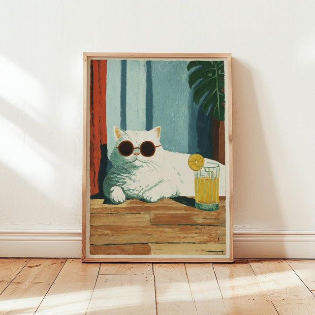Cool Cat Lemonade Poster Retro Wanddekoration mit weißer Katze in Sommer-Illustration auf Papier - Bild 1