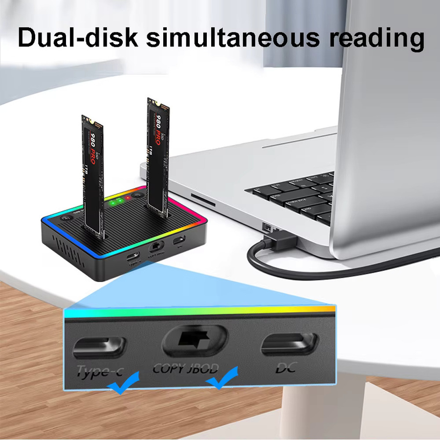 Kebidu Dual-Bay M.2 NVMe/SATA SSD Klon-Dockingstation mit Offline-Klon-Funktion, USB Gen2 und RGB-Beleuchtung, Schwarz/Multicolor - Bild 4