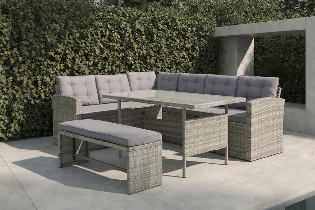 OUTFLEXX Gartenlounge Set aus Polyrattan und Aluminium in Grau meliert mit Tisch und Polstern für 7 Personen, Tisch Breite: 145 cm, Tiefe: 79 cm - Bild 1