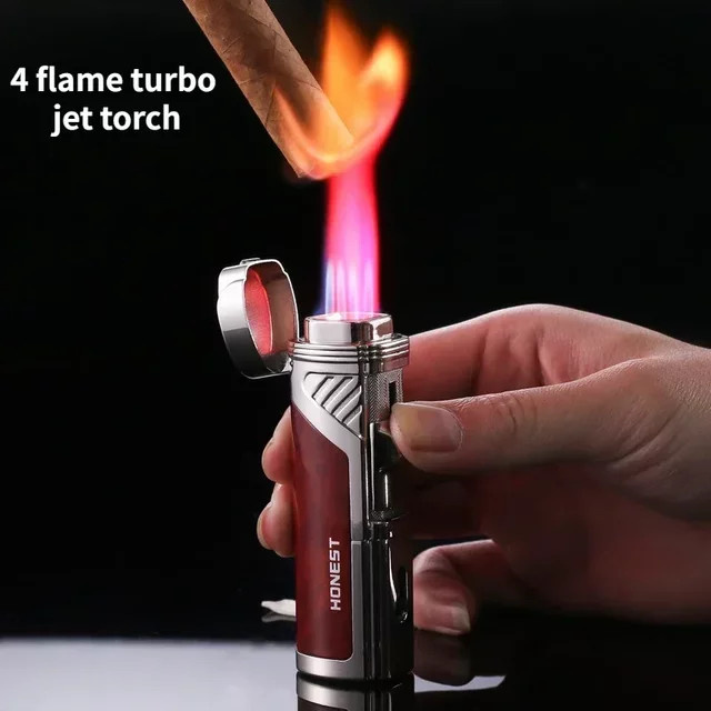 EHRLICHES High-End 4-Flammen Turbo-Jet Butan-Gasfeuerzeug für Zigarren in Rot und Braun - Bild 1