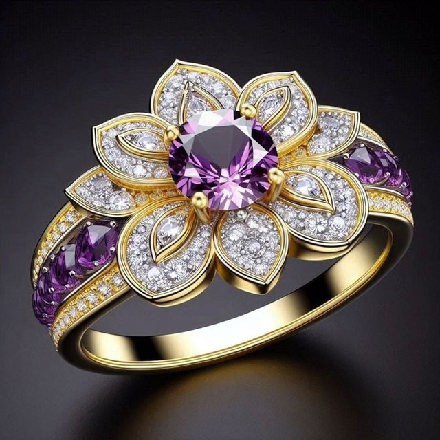 Huitan Blumenring, Goldfarben, lila Zirkonia - Bild 1
