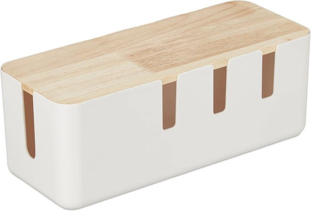 Relaxdays Kabelbox aus Kunststoff in Holzoptik mit Deckel, Weiß/Natur, B: 30 cm, T: 11,5 cm, H: 12,5 cm - Bild 1