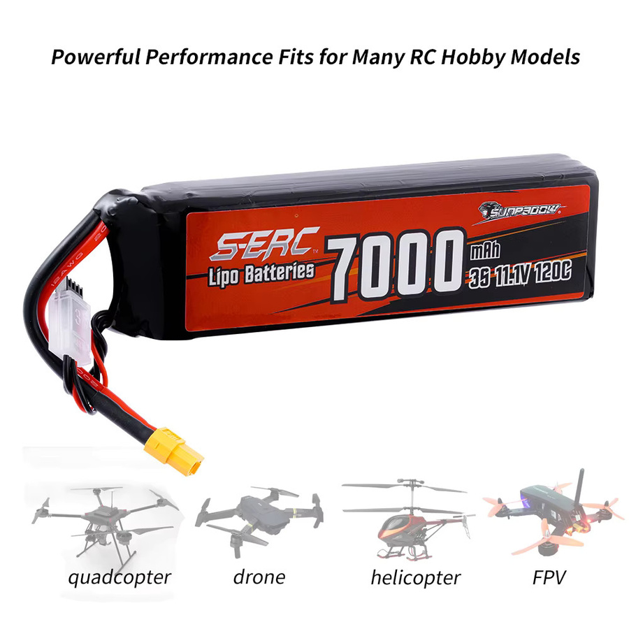 SUNPADOW RC Lipo-Akku 7000mAh 3S 11,1V mit 120C und XT60-Anschluss in Schwarz für RC-Flugzeuge, Quadcopter, Drohnen und Helikopter - Bild 3
