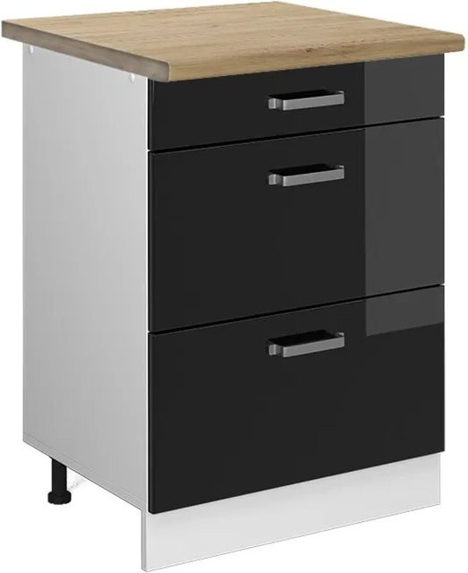 Vicco Küchenunterschrank R-Line in Schwarz Hochglanz und Weiß mit Eiche-Optik und Schubladen, B: 60 cm, H: 81,6 cm, T: 60 cm - Bild 1