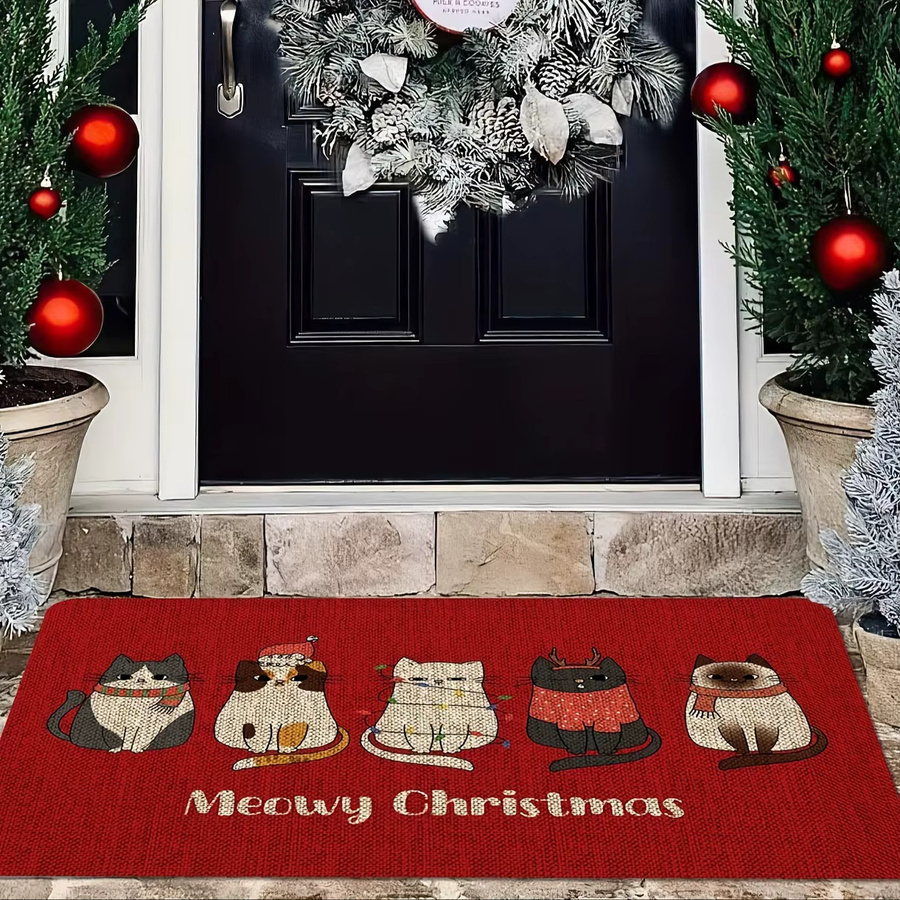 VIKAMA Weihnachtsteppich mit Cartoon-Katze in Rot, weicher Plüschteppich, rutschfest und saugfähig für Eingang, Küche oder Badezimmer - Bild 2