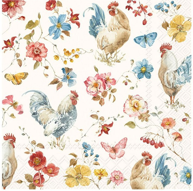 Serviette Country Rooster aus Papier in Multicolor mit floralem Design, Breite: 33,0 cm, Höhe: 33,0 cm - Bild 1