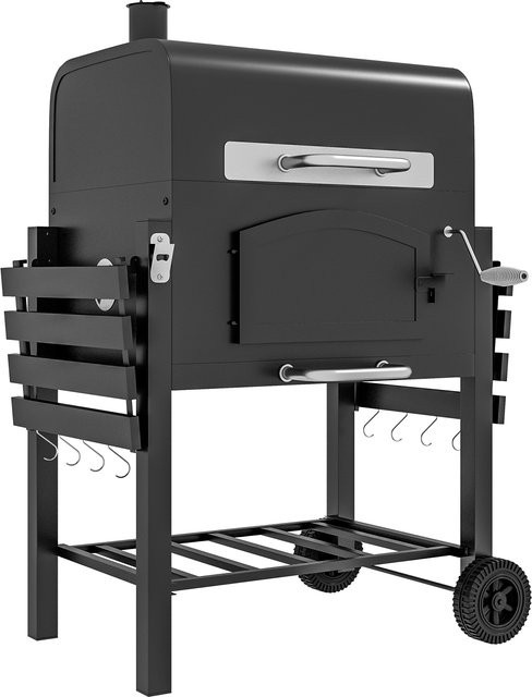 Aosom Outsunny Holzkohlegrill BBQ Gartengrill mit Deckel, Smoker, Ablagen und Transportrollen aus Metall - Bild 1