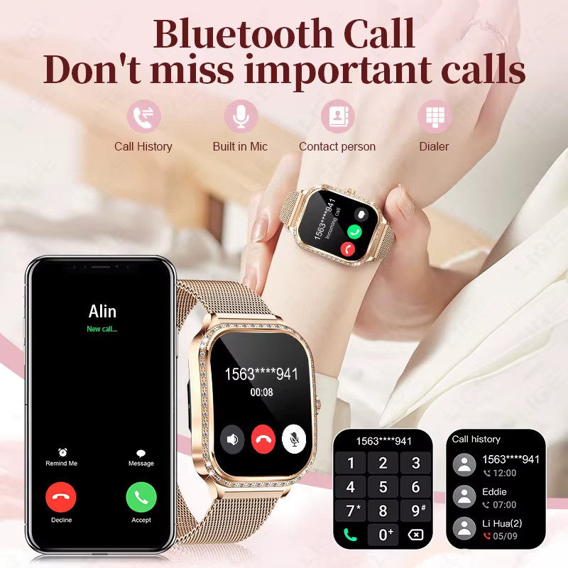 LIGE Smartwatch für Damen mit 1,75 Zoll gebogenem Bildschirm, Bluetooth-Anruffunktion, IP68 wasserdicht und Diamantgehäuse in Pink und Gold - Bild 2