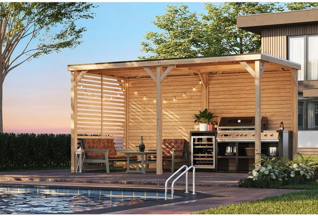 Karibu Pavillon Cannes Outdoorkitchen XXL aus Massivholz in Braun mit Rückwand und Lamellenwand, B: 453 cm, T: 231 cm, H: 243 cm - Bild 1