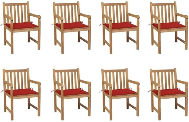 vidaXL Gartenstuhl-Set aus Teakholz mit 8 roten Polsterkissen in Braun und Rot - Bild 1