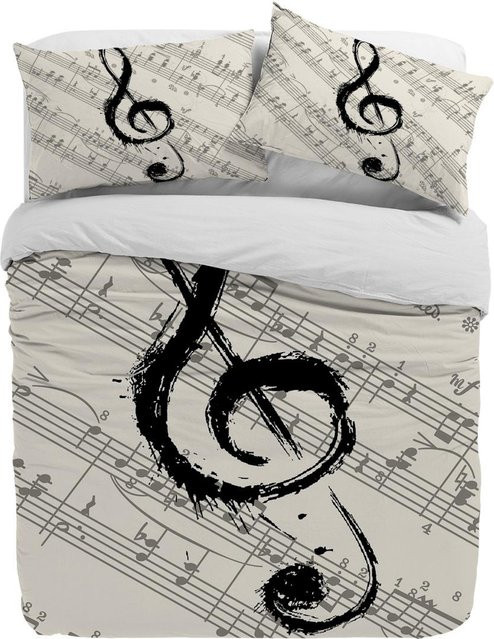 3-teiliges Bettwäsche-Set mit Musiknoten-Design von Your Warm Home in Weiß, bestehend aus einem Bettbezug und Kissenbezügen aus Mikrofaser, Breite: 140 cm, Höhe: 210 cm - Bild 1