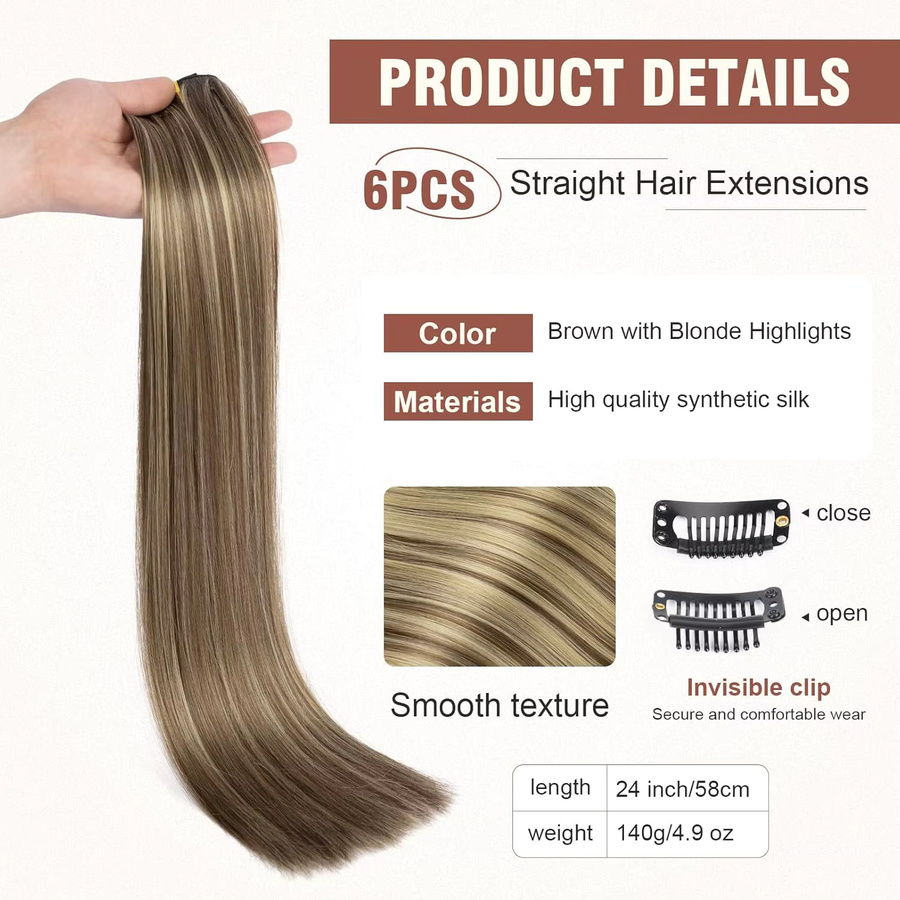 DinDong Clip-in-Haarverlängerungen, 24 Zoll, 6 Stück, synthetisch, gerade, Damen - Bild 3