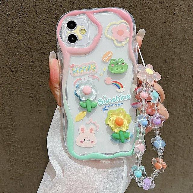 TUNEDEE Handyhülle mit 3D-Blumen und Handgelenkkette für iPhone, transparent/multicolour - Bild 1
