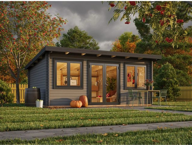 Palmako Holz-Gartenhaus Lisandra in Blockbohlenbauweise mit Pultdach und Boden, Farbe: Grau/Anthrazit, B: 550 cm, T: 400 cm - Bild 1