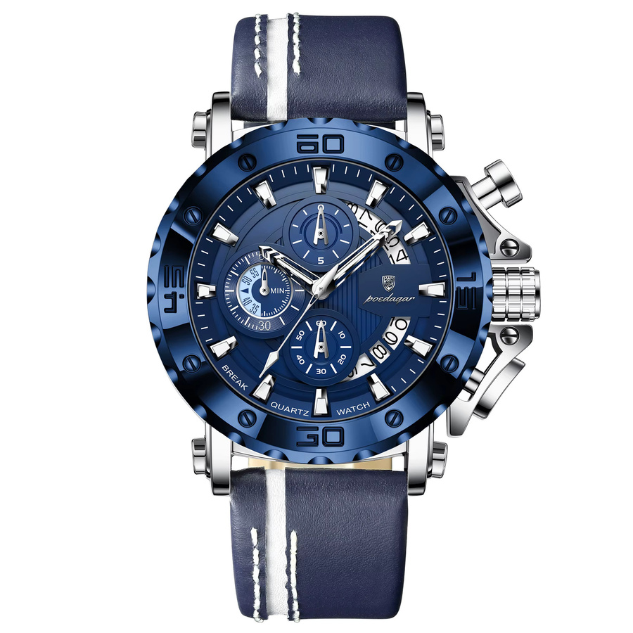 POEDAGAR Chronograph, Quarz, Leder, Blau, Roségold, Herren - Bild 7