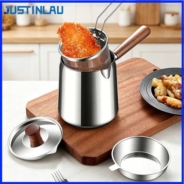 JUSTINLAU Fritteuse aus 304 Edelstahl mit Walnussholzgriff und Filtersieb in Silber - Bild 1