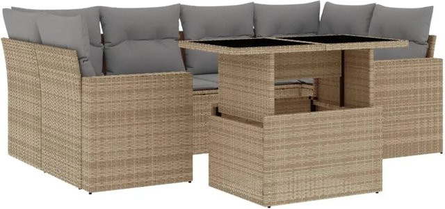 vidaXL 7-tlg Garten-Sofagarnitur in L-Form aus beigem Poly-Rattan mit wetterfesten Kissen und pulverbeschichtetem Stahlgestell - Bild 1