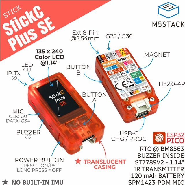 M5Stack M5StickC Plus SE Mini IoT-Entwicklungskit in Orange mit ESP32-PICO, 1,14 Zoll LCD, WLAN, RTC, IR, Mikrofon und 120mAh Akku - Bild 1
