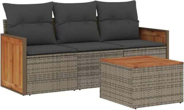 vidaXL 4-teilige Garten-Sofagarnitur aus Poly-Rattan und Akazienholz in Grau mit Kissen - Bild 1