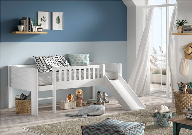SCOTT Kojen-Spielbett für Kinder aus massiver Kiefer mit Leiter, Rutsche und Rolllattenrost, Farbe: Weiß, B/T/H: 90 x 200 cm - Bild 1