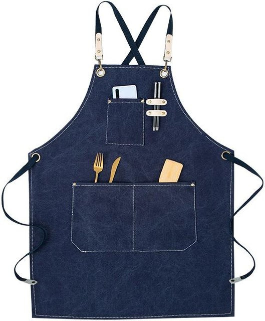 CosyHome Latzschürze aus wasserdichtem Baumwollleinen mit abnehmbaren Trägern und Tasche in Marineblau - Bild 1
